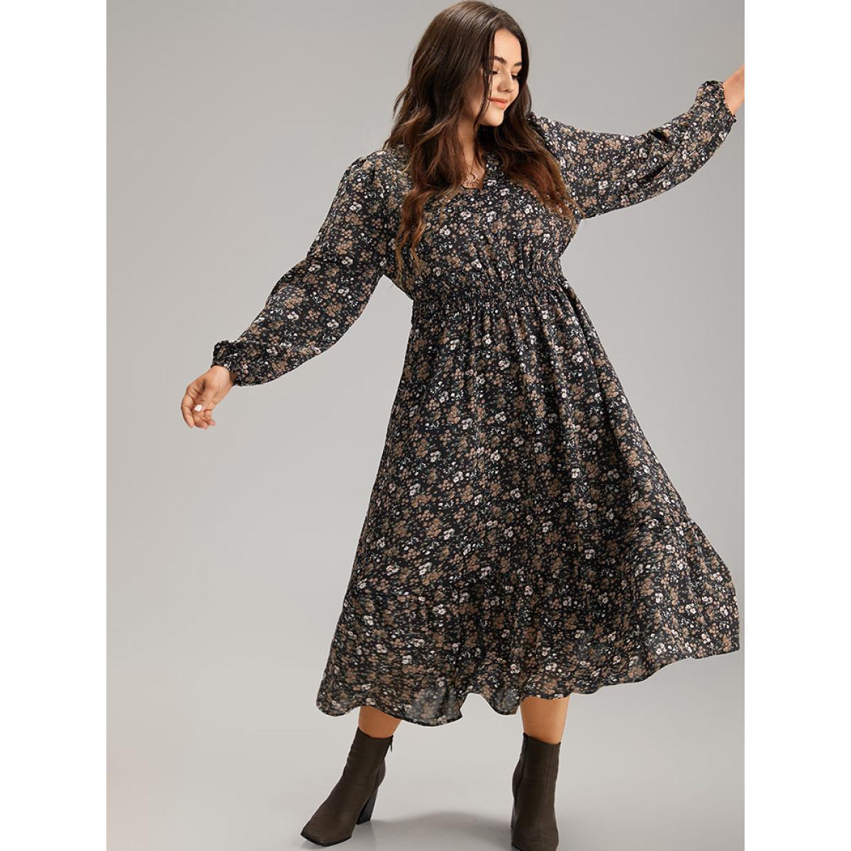 Plus Size Ditsy Floral Notched Flutter Hem Dress Black Women Elegant Elastic cuffs Notched collar Long Sleeve Curvy Midi Dress BloomChic 14-16/1X Product Image