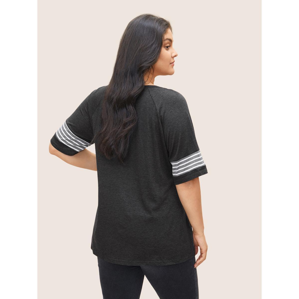 Plus Size Striped Contrast Raglan Sleeve Crew Neck T-shirt Black Women Casual Plain Everyday T-shirts BloomChic 26/4X Product Image