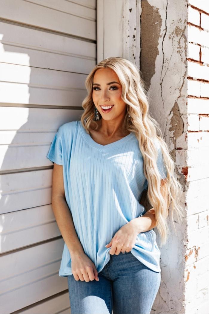 Plus Size Casual Thick Ribbed V Neck Top Product Image