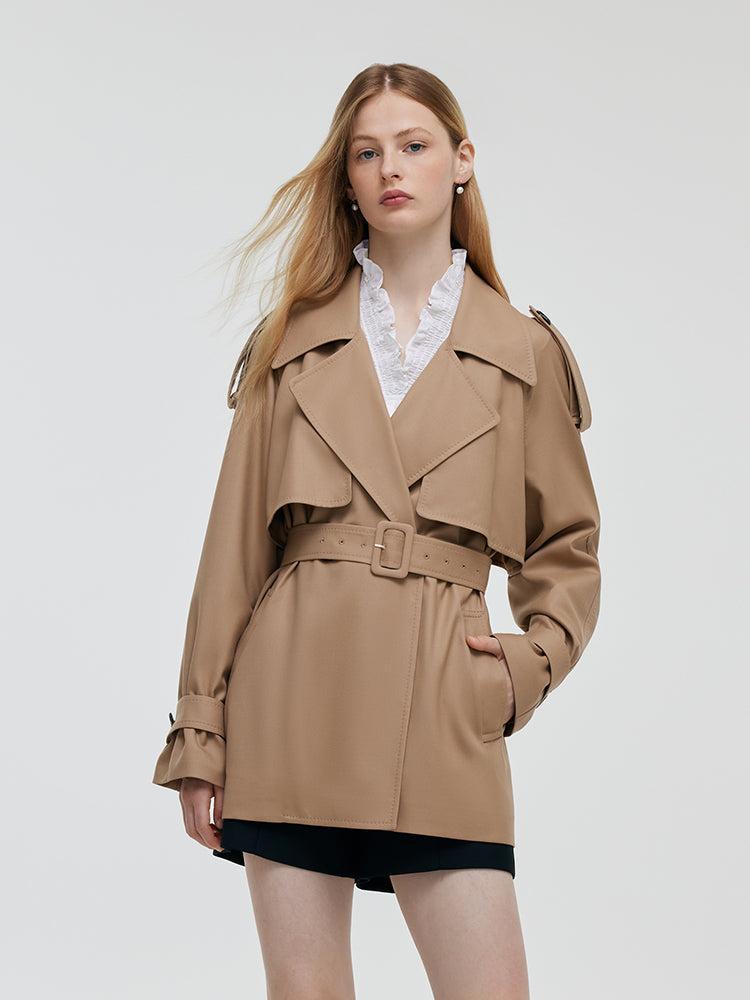 Worsted Wool Women Cropped Trench Coat With Belt Product Image