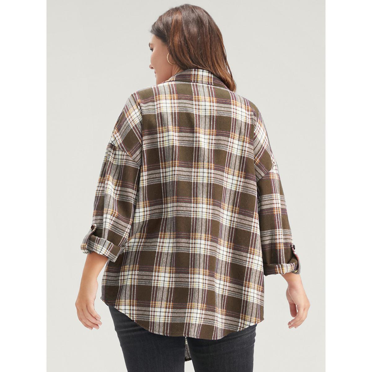 Plus Size Plaid Cuffed Sleeve Asymmetrical Waterfall Collar Coat Women DarkBrown Elegant Asymmetrical Ladies Dailywear Winter Coats BloomChic 12/L Product Image