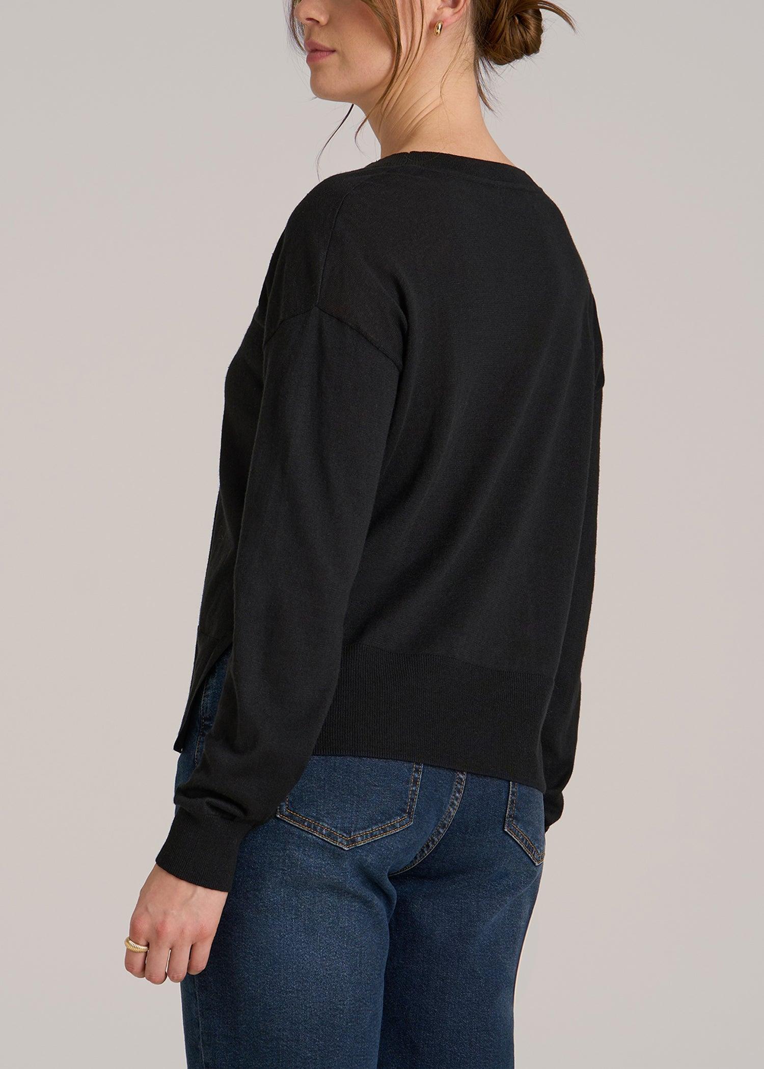 Linen Blend Split Hem V-Neck Sweater for Tall Women in Black Product Image