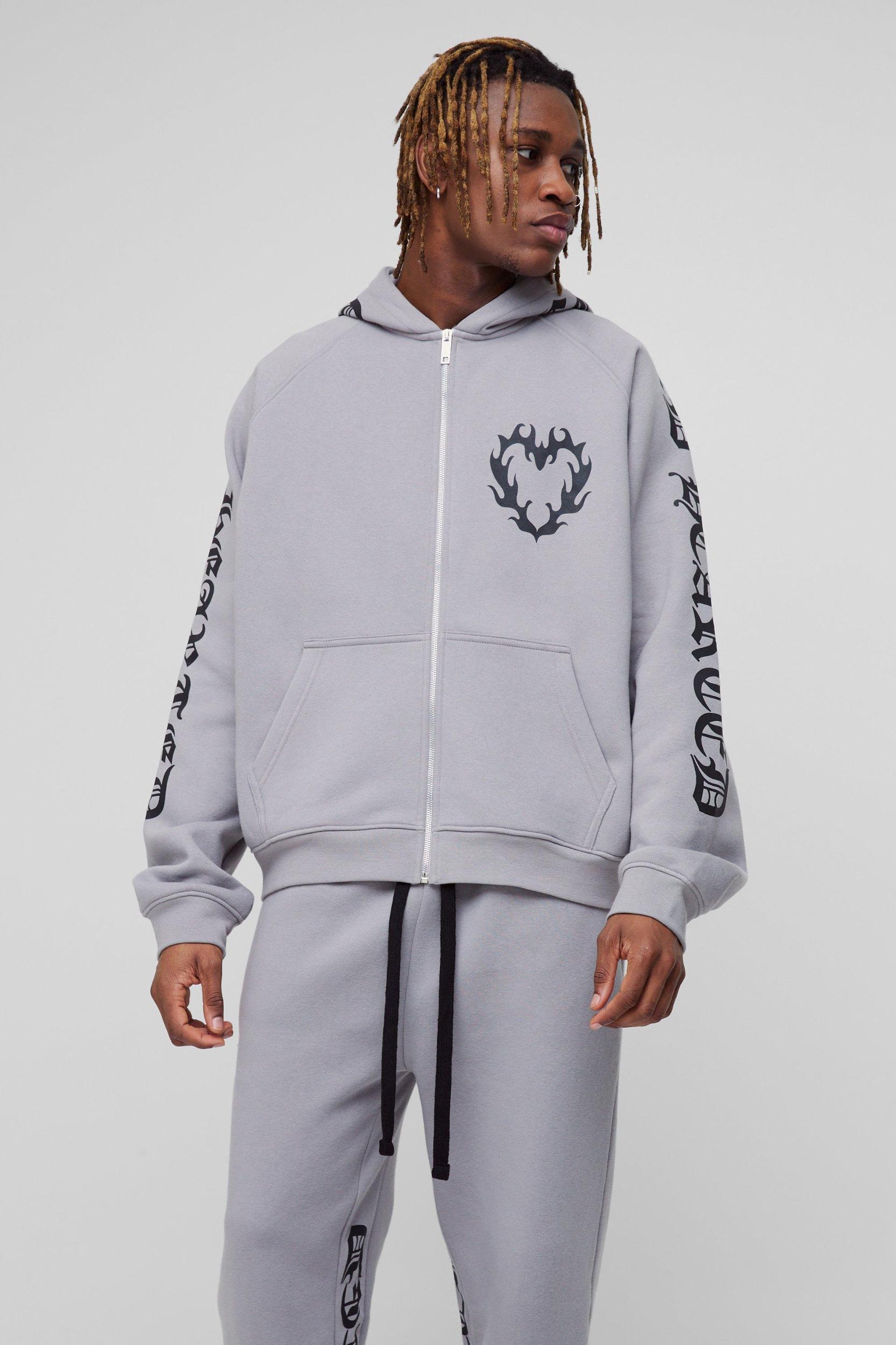 Tall Oversized Boxy Gothic Heart Print Gusset Hooded Tracksuit | boohooMAN USA Product Image
