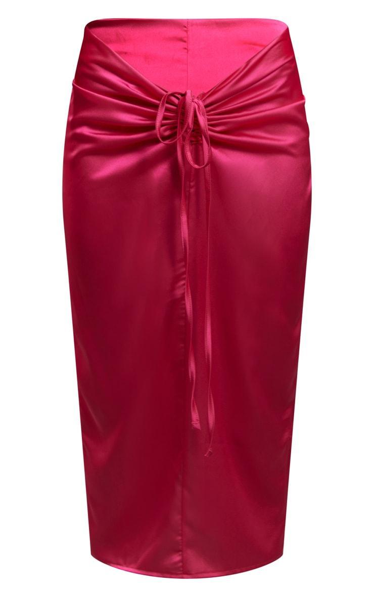 Bright Pink Satin Ruched V Front Detail Midaxi Skirt Product Image