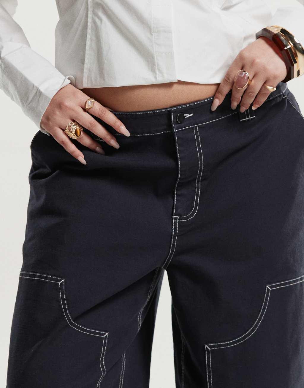 ASOS DESIGN Curve barrel leg pants in navy with contrast stitch Product Image