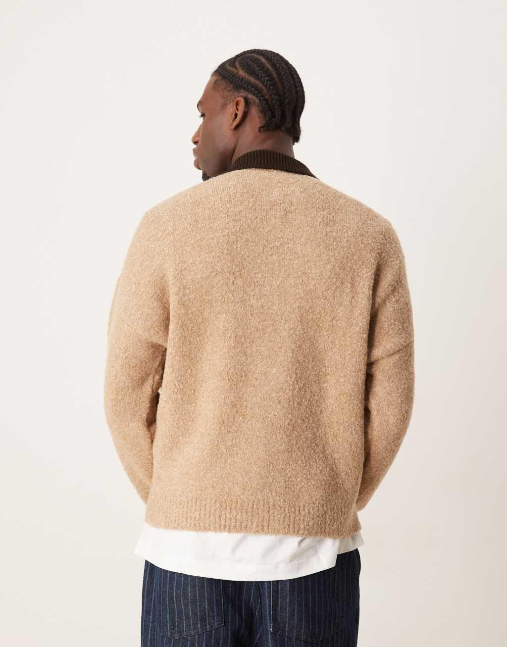 ASOS DESIGN oversized knit textured contrast zip through in beige Product Image