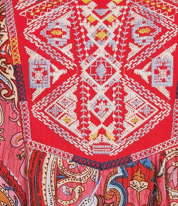 Calessa Petite Size Embroidered Patchwork Print Split V-Neck 3/4 Sleeve Tunic Product Image