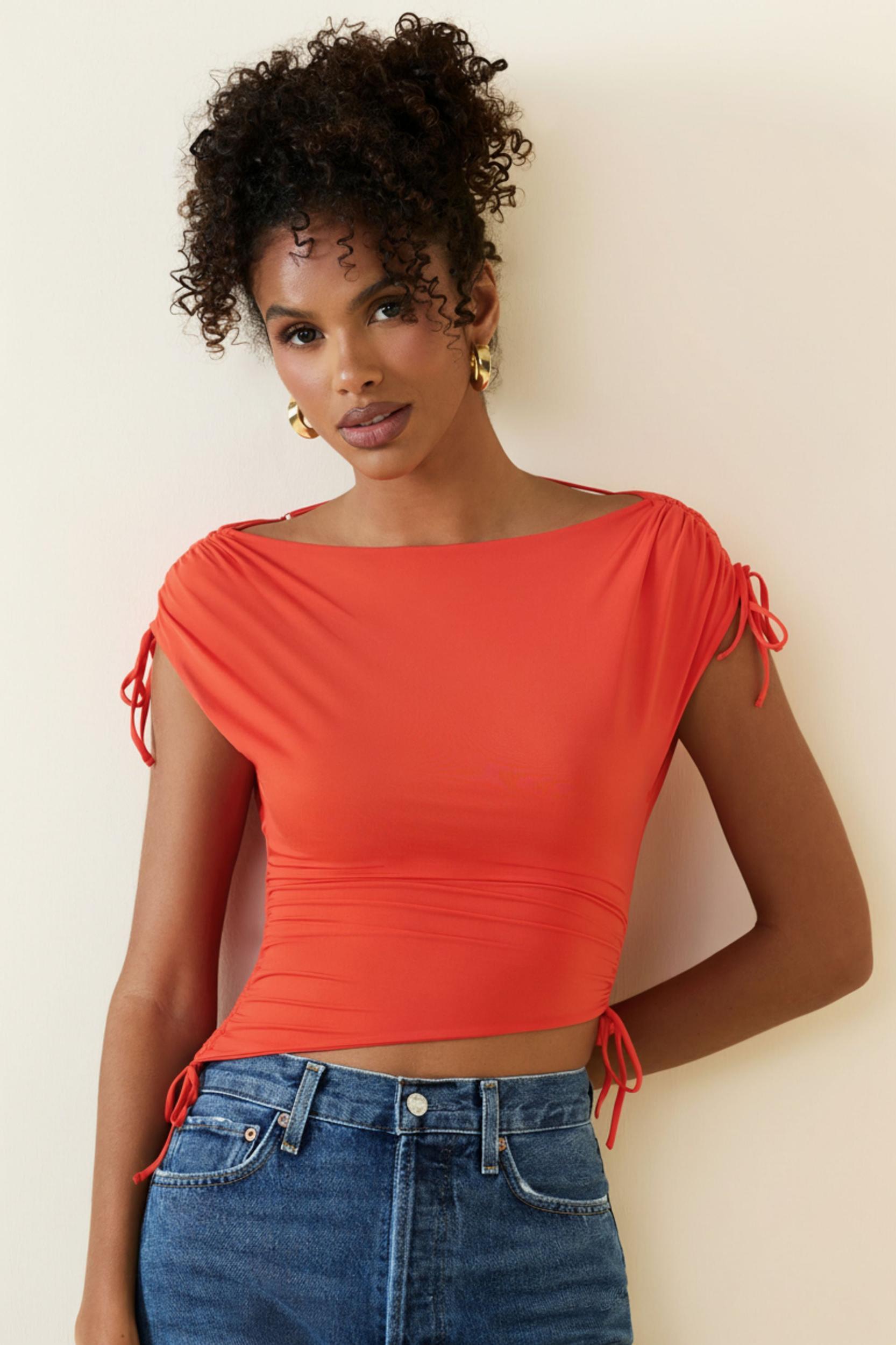 Asymmetric Ruched Cowl-Back Crop Top in Scarlet Female Product Image