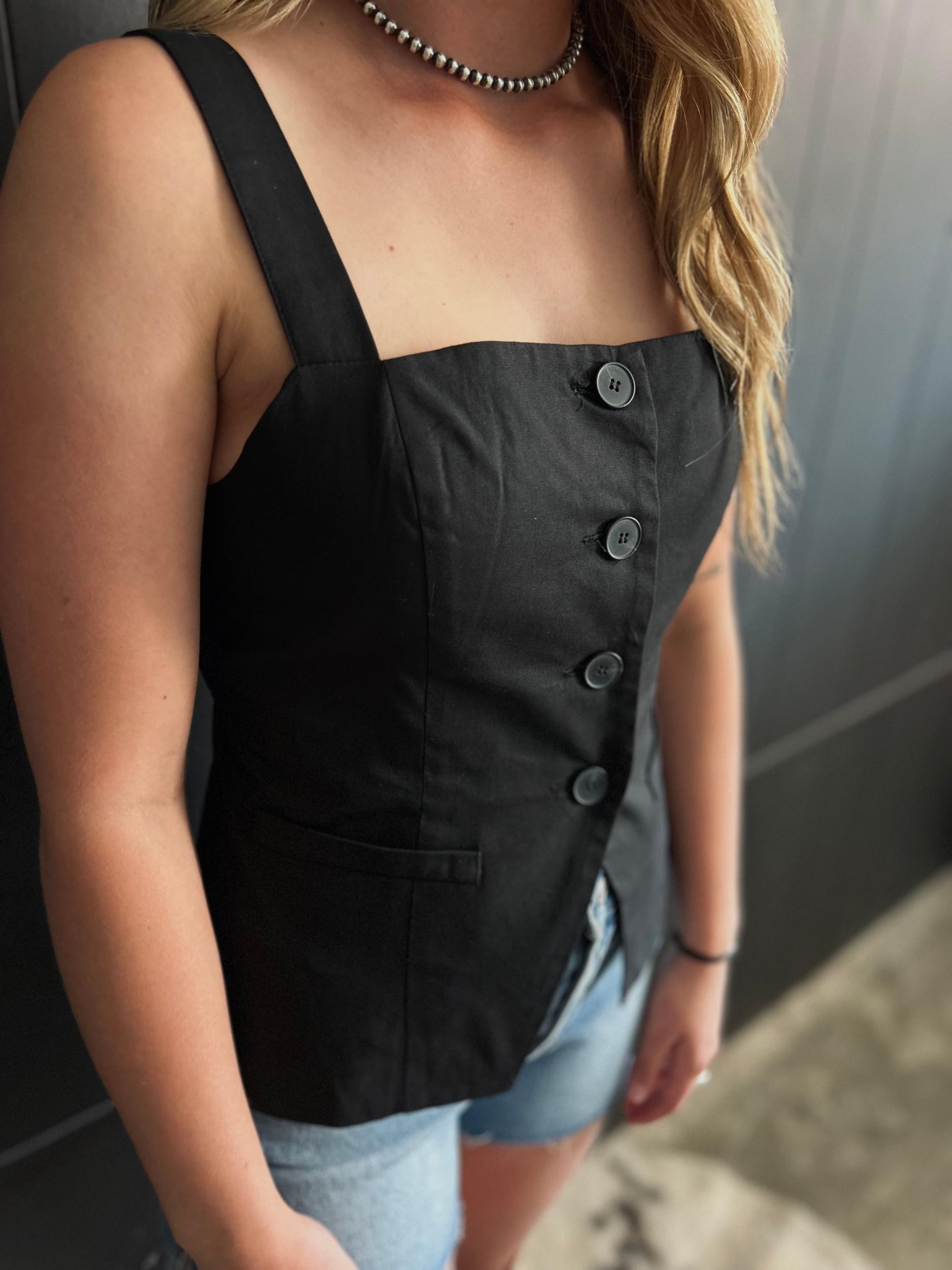 Black Square Neck Sleeveless Button Down Blouse Product Image