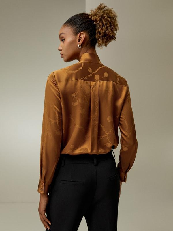 Jacquard-wave Silk Blouse with Bow Product Image