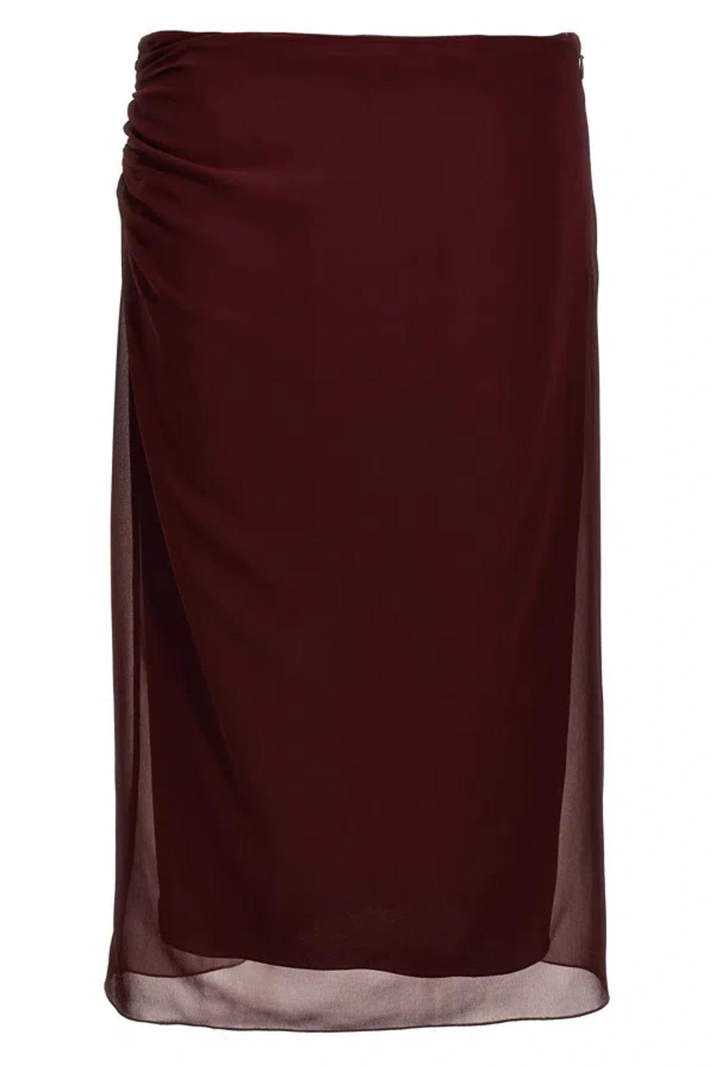 Sheer Overlay Midi Length Skirt With Ruched Detailing In Dark Red Product Image