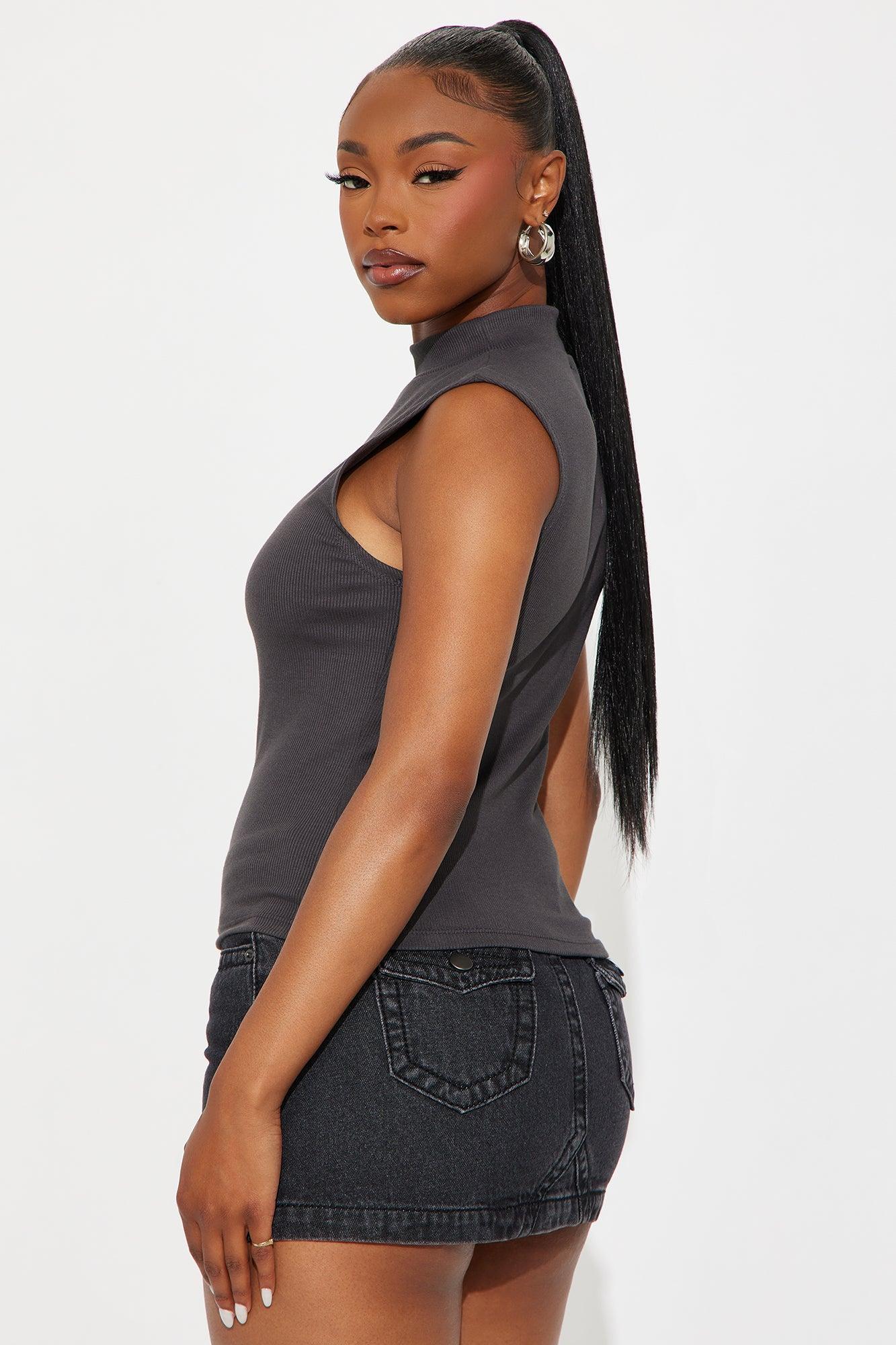 Edgy Cross Ribbed Top - Charcoal Female Product Image