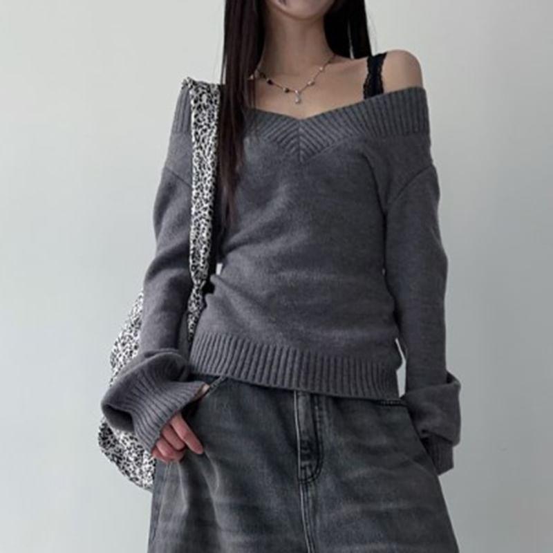 Off-Shoulder Plain Sweater Product Image