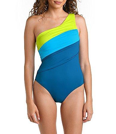 La Blanca Island Goddess Shirred Color-Block One Shoulder Mio (Ice ) Women's Swimwear Product Image