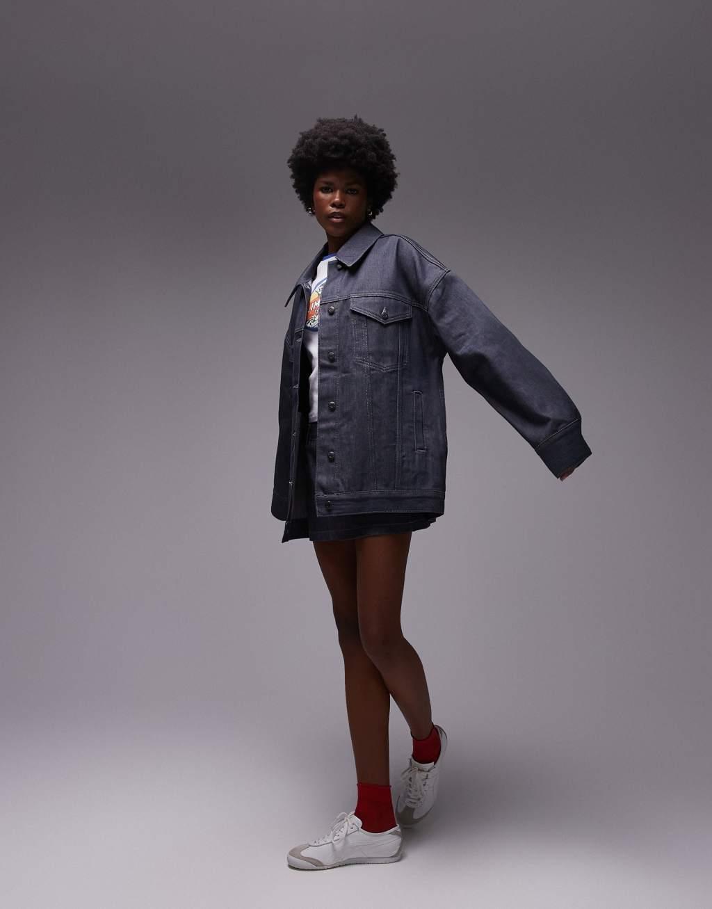 Topshop denim longline balloon jacket in raw gray Product Image