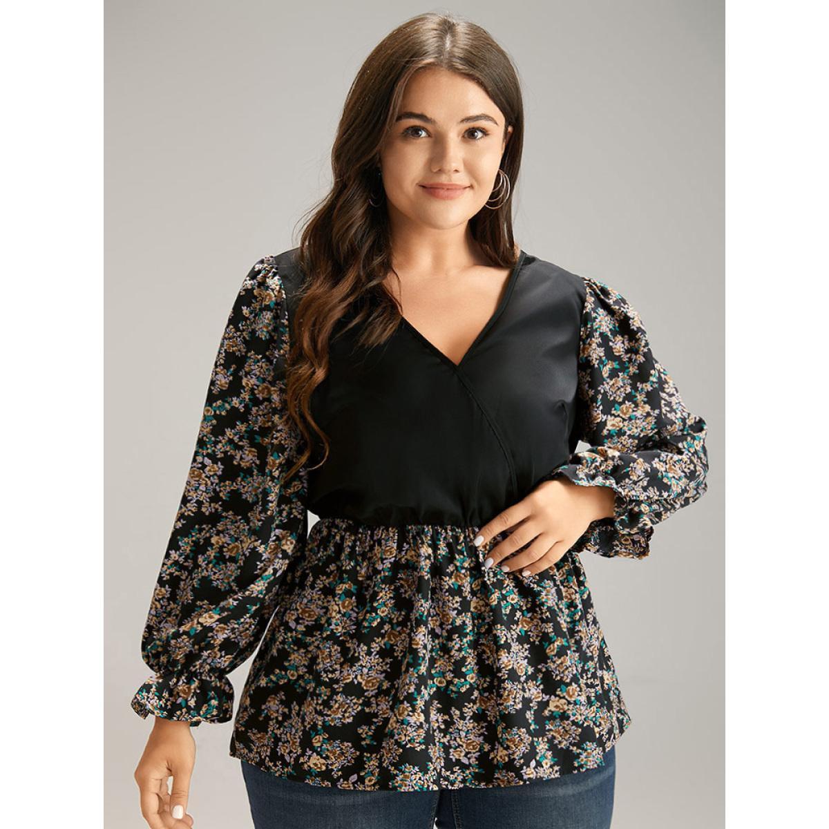 Plus Size Black Ditsy Floral Patchwork Elastic Waist Blouse Women Elegant Long Sleeve V-neck Everyday Blouses BloomChic 18-20/2X Product Image