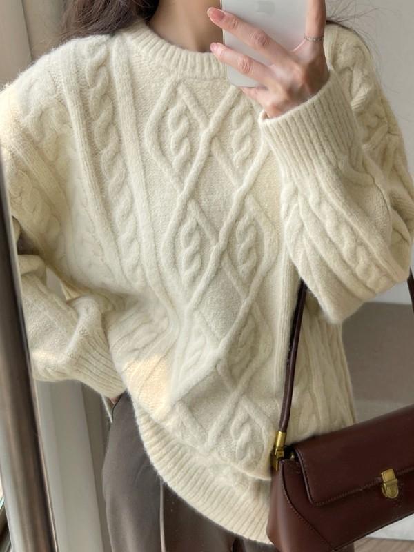 Crew Neck Cable Knit Pullover Sweater Product Image