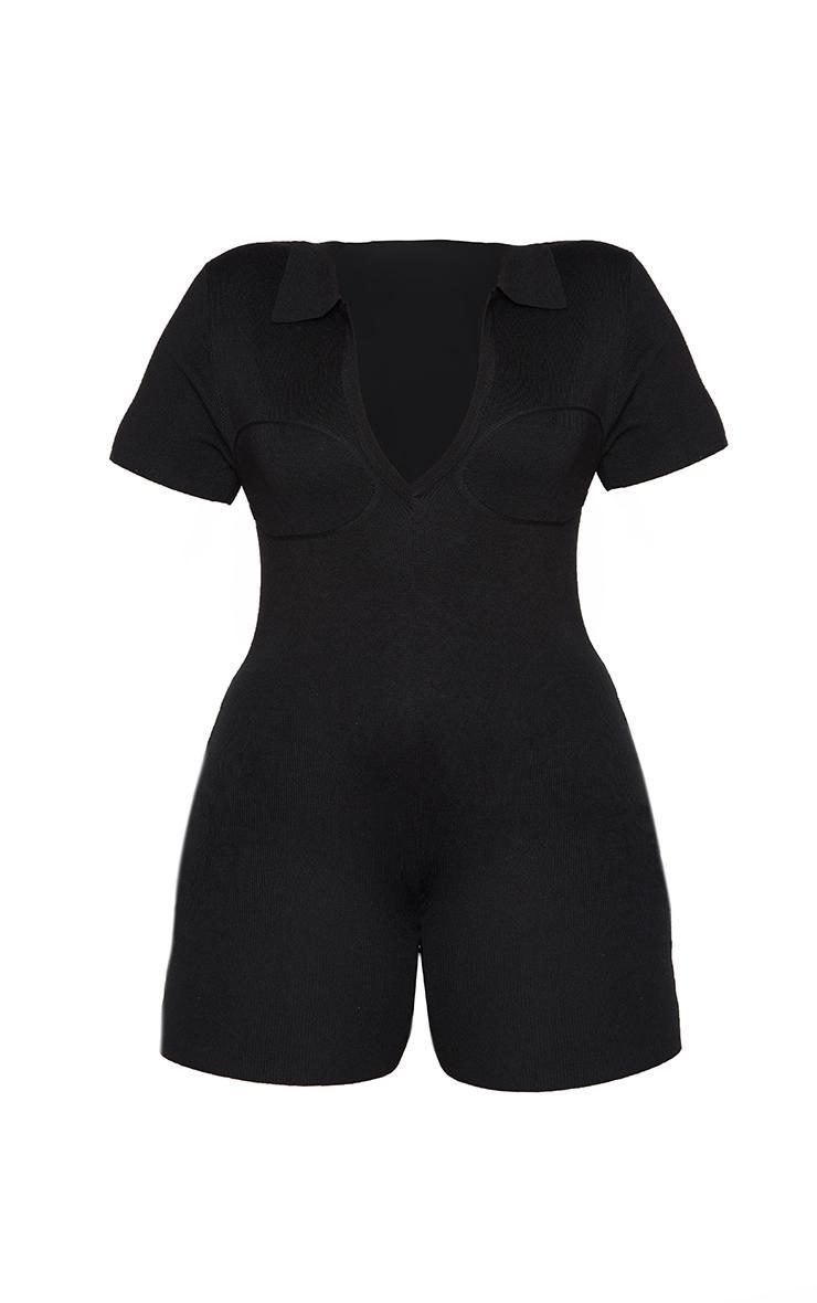 Plus Black Fine Knit Bust Detail Collared Seamless Unitard Product Image