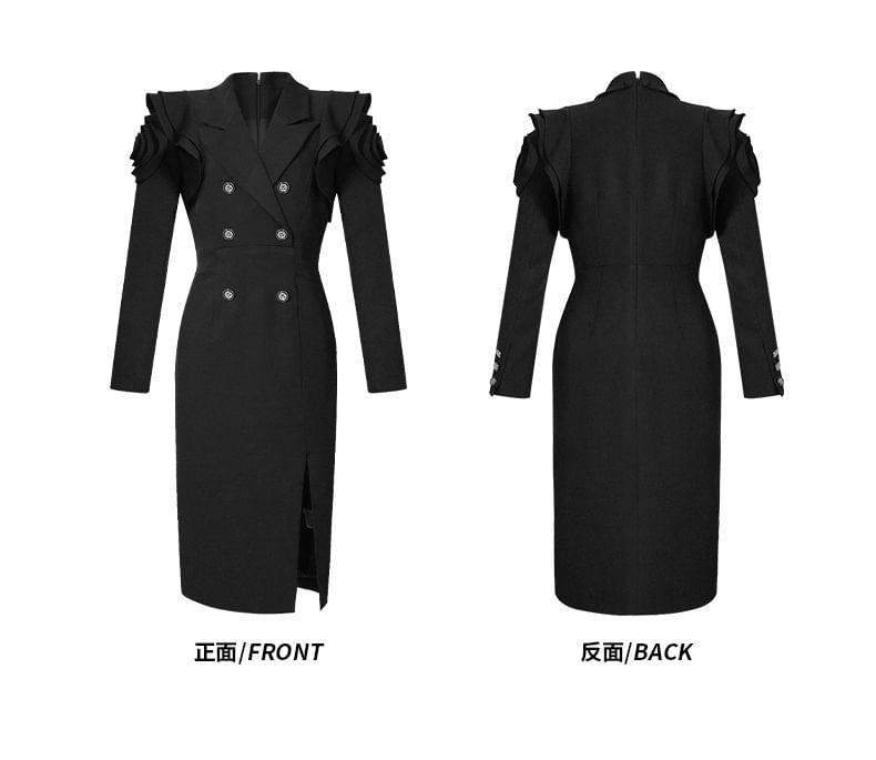 Peak Lapel Plain Ruffle Trim Slit Double-Breasted Sheath Blazer Dress Product Image