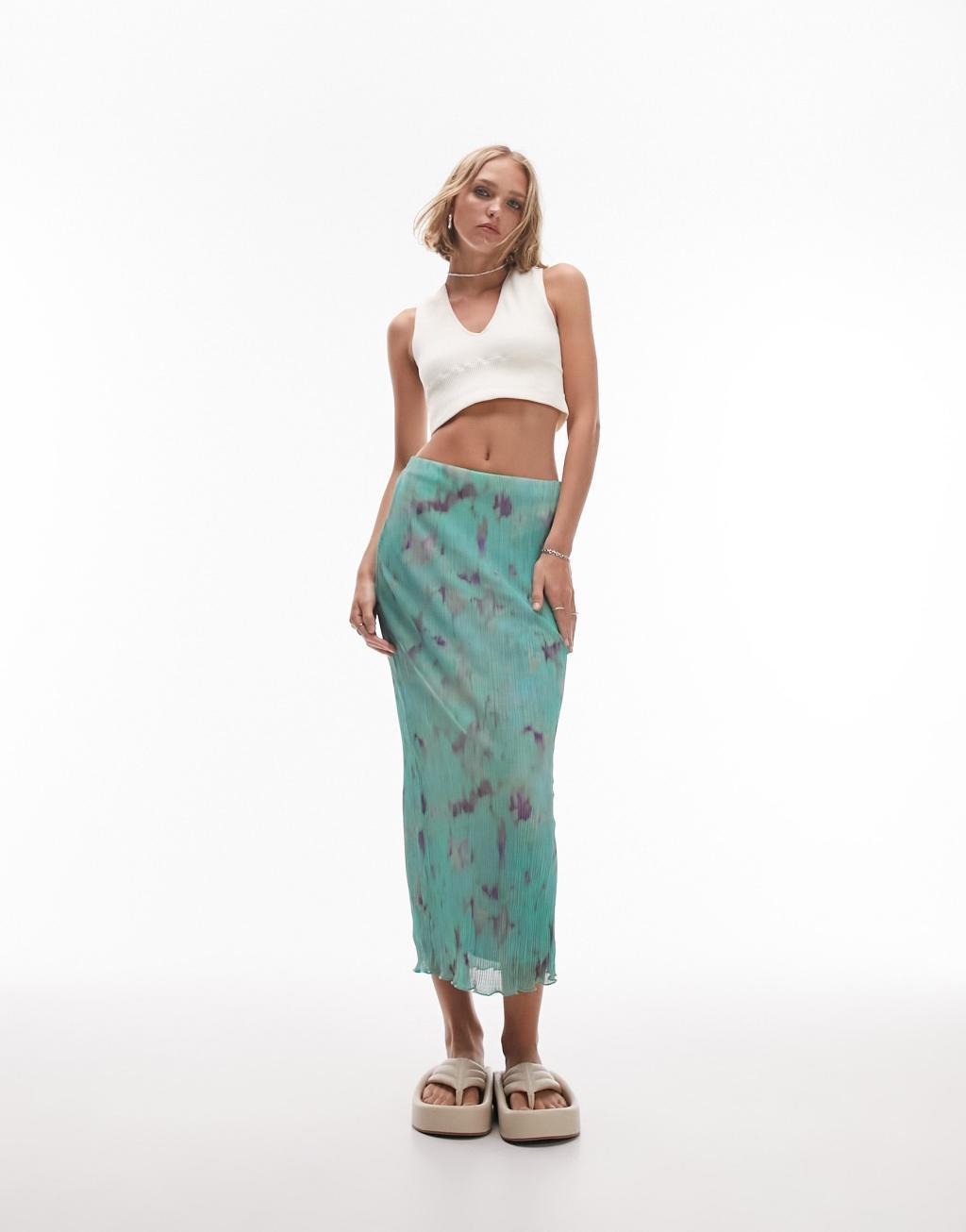 Topshop Petite plisse tiedye print midi skirt Product Image