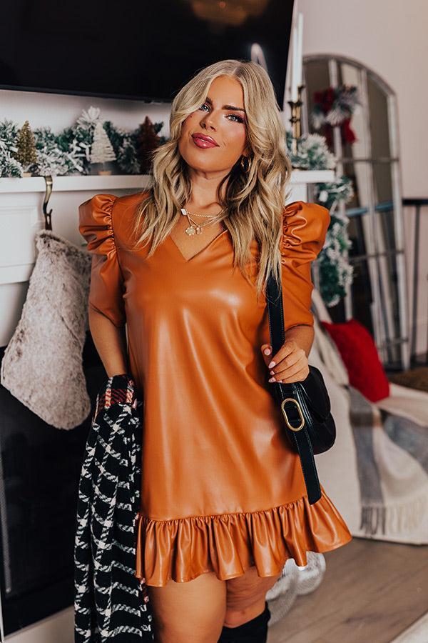 Stylish Setting Faux Leather Mini Dress in Camel Curves Product Image