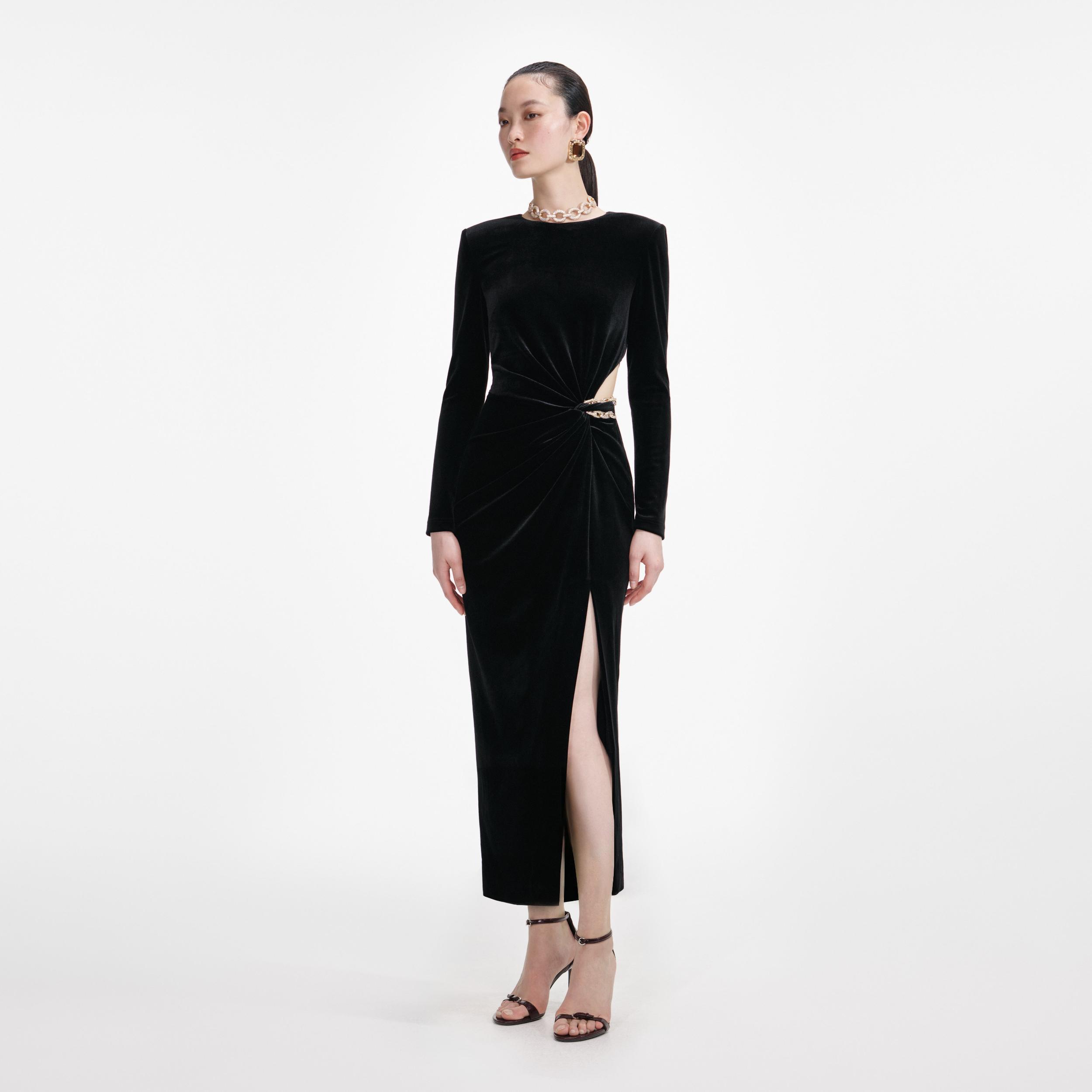Black Velvet Embellished Midi Dress Product Image