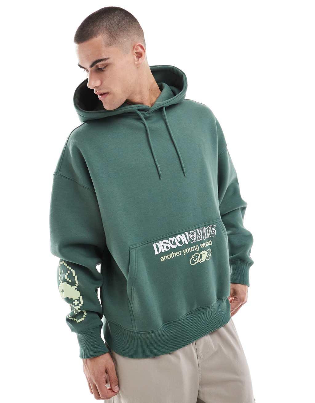 Pull&bear discover printed hoodie in green Product Image