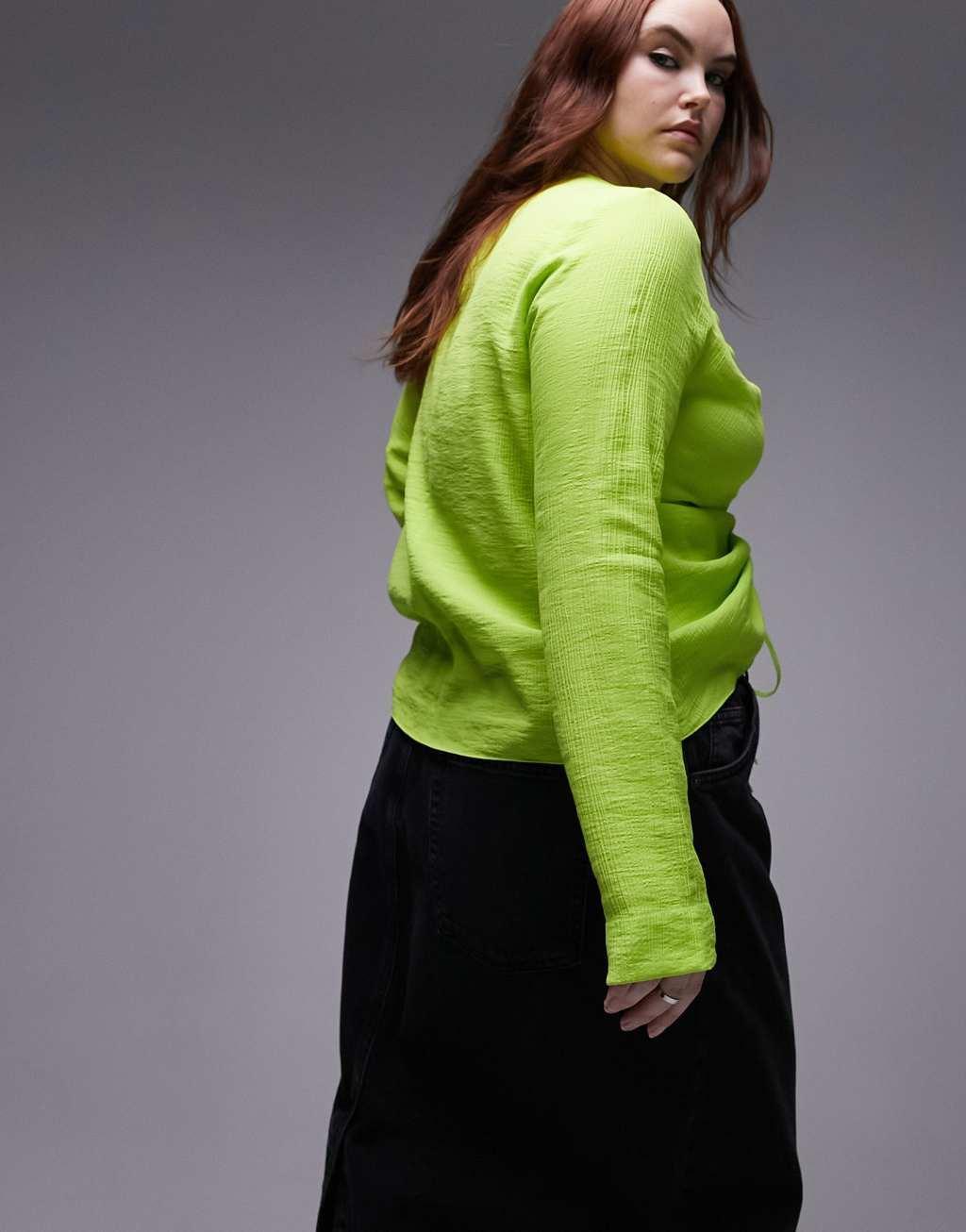 Topshop Curve long sleeve ruched front top in lime  Product Image