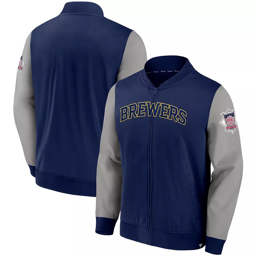 Men's Fanatics Branded Navy/Gray Milwaukee Brewers Iconic Record Holder Woven Full-Zip Bomber Jacket, Size: Medium, Blue Product Image