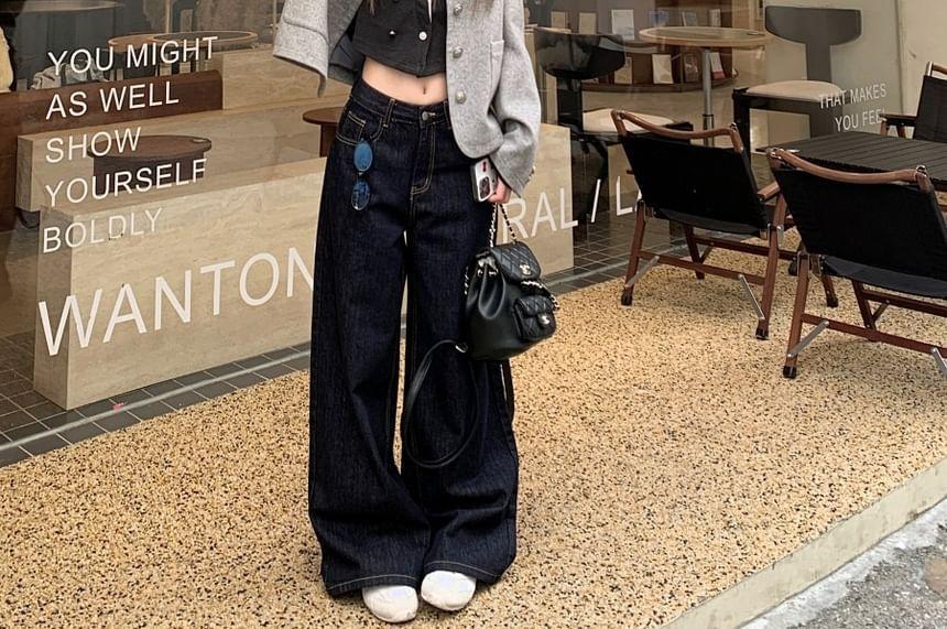 Mock Two-Piece Long-Sleeve Collar Striped Panel Button Crop Knit Top / Jacket / Mid Waist Wide Leg Jeans Product Image