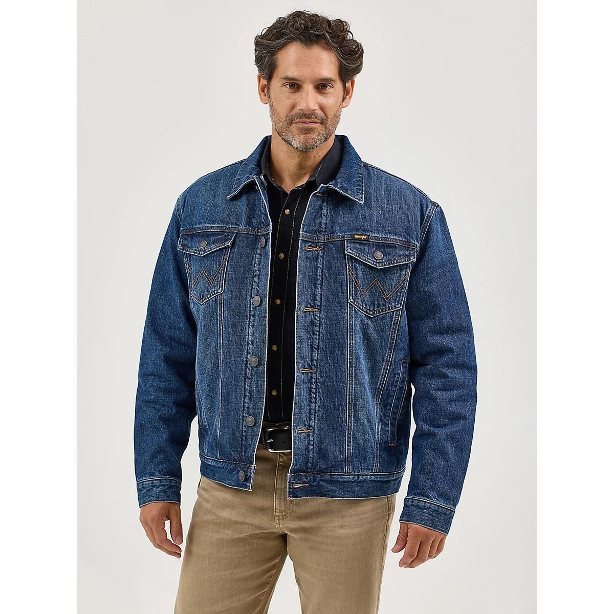 Men's Wrangler Retro® Sherpa Lined Western Denim Jacket in Blue Shadow Product Image