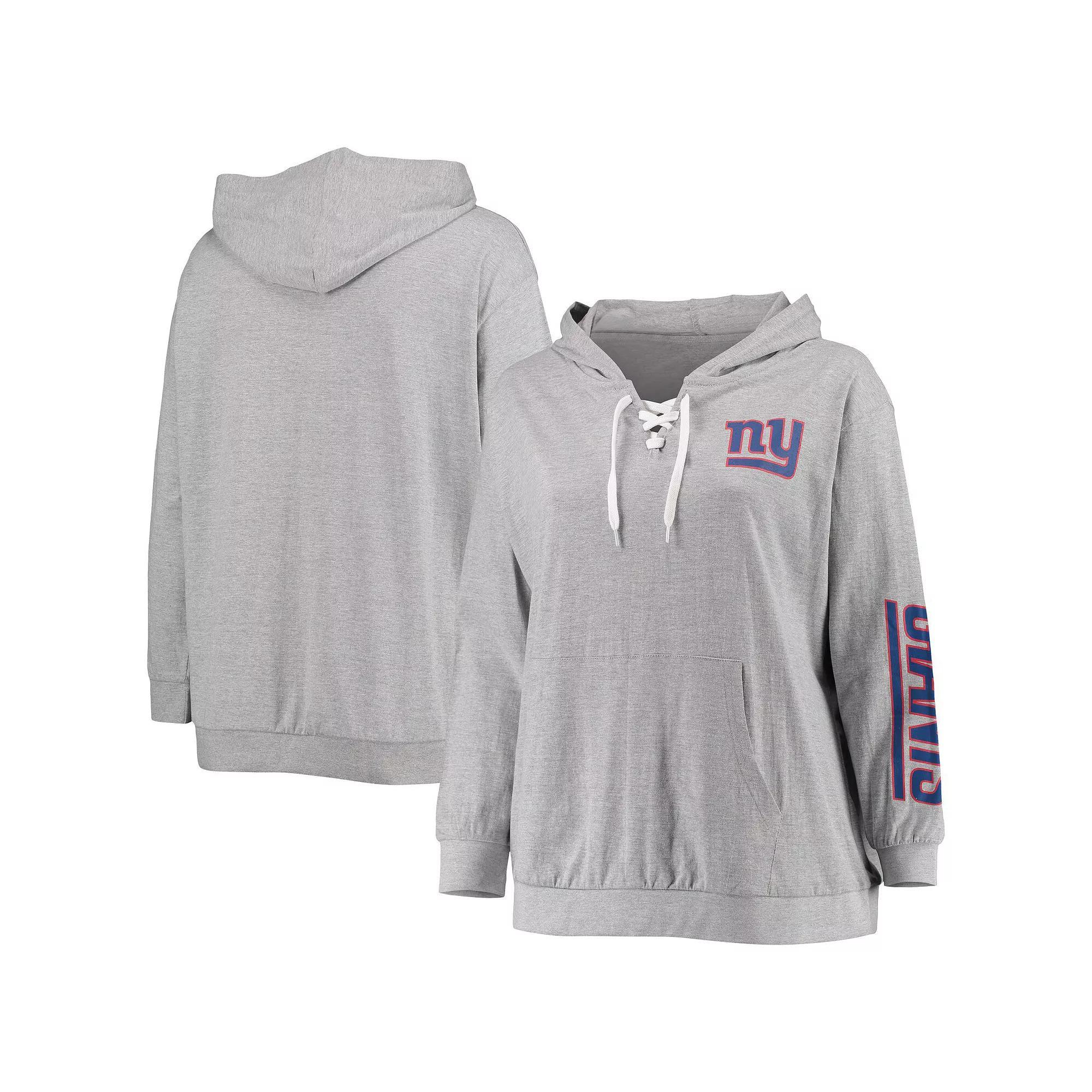 Women's Fanatics Branded Heathered Gray New York Giants Plus Size Lace-Up Pullover Hoodie, Size: 4XL, Grey Product Image