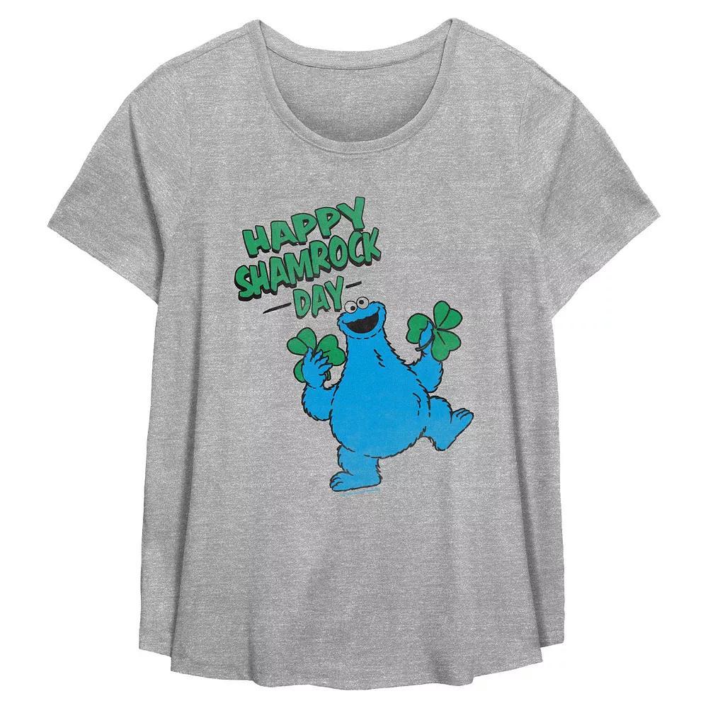Plus Size PBS Kids Sesame Street Cookie Monster Happy Shamrock Day Flowy Graphic Tee, Women's, Size: 3XL, Grey Gray Product Image