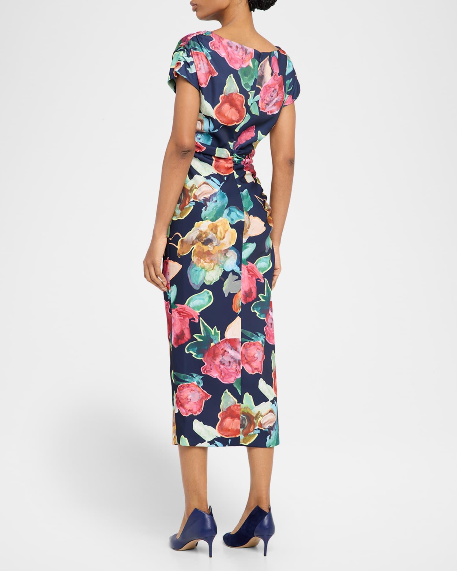 Floral Print Ruched Crepe Midi Dress Product Image