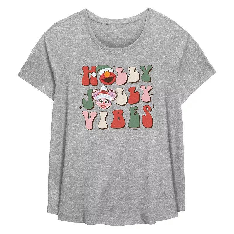 Plus Size PBS Kids Sesame Street Elmo And Abby Cadabby Holly Jolly Vibes Flowy Graphic Tee, Womens Grey Gray Product Image