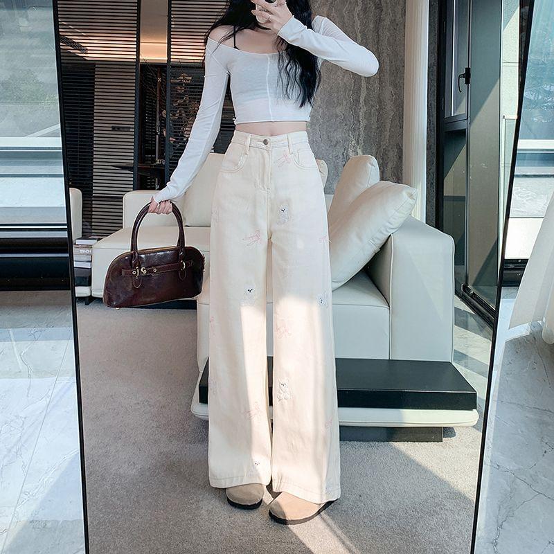 High Waist Bear & Bow Embroidered Straight-Fit Wide-Leg Pants Product Image