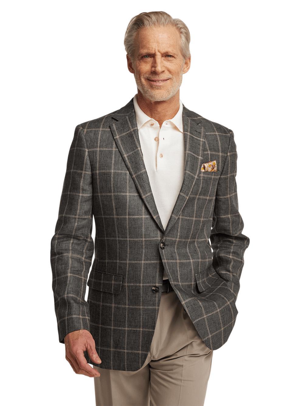 Linen Windowpane Single Breasted Notch Lapel Sport Coat - Charcoal Product Image