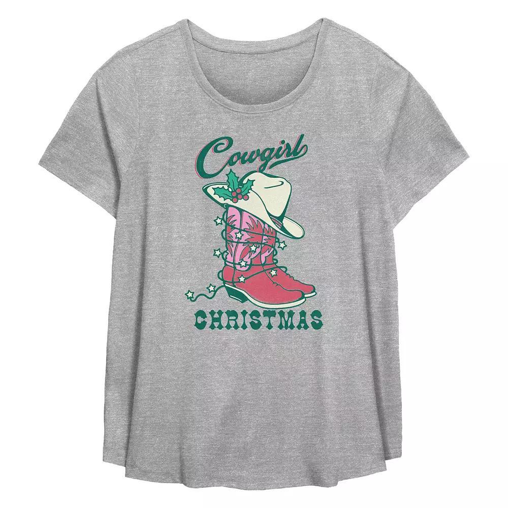 Plus Size Cowgirl Christmas Hat And Boots Flowy Graphic Tee, Women's, Size: 2XL, Grey Gray Product Image