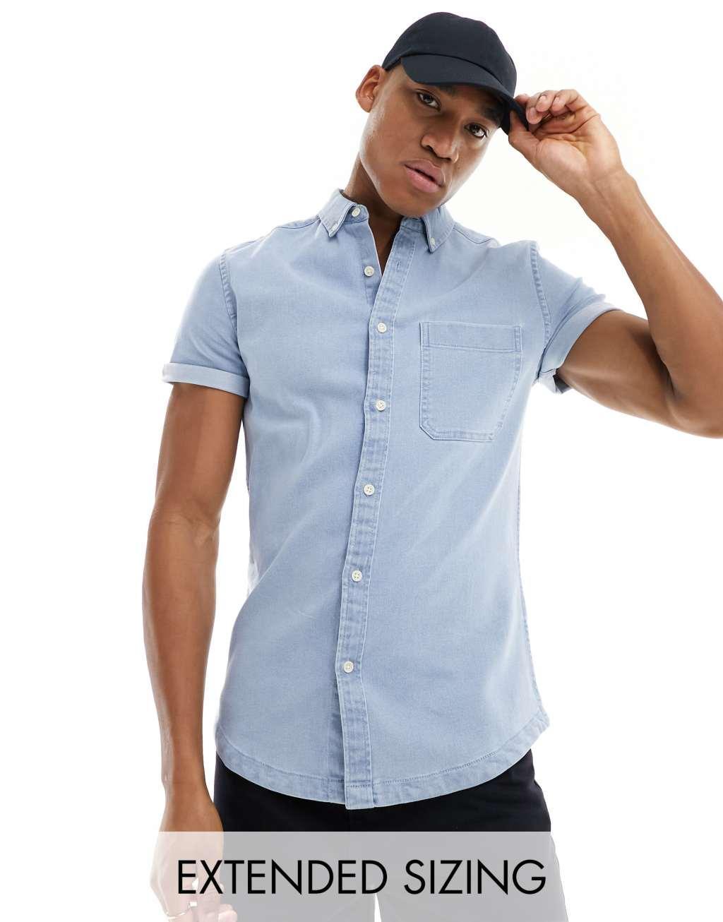 ASOS DESIGN slim roll sleeve denim shirt with button down collar in light blue wash Product Image