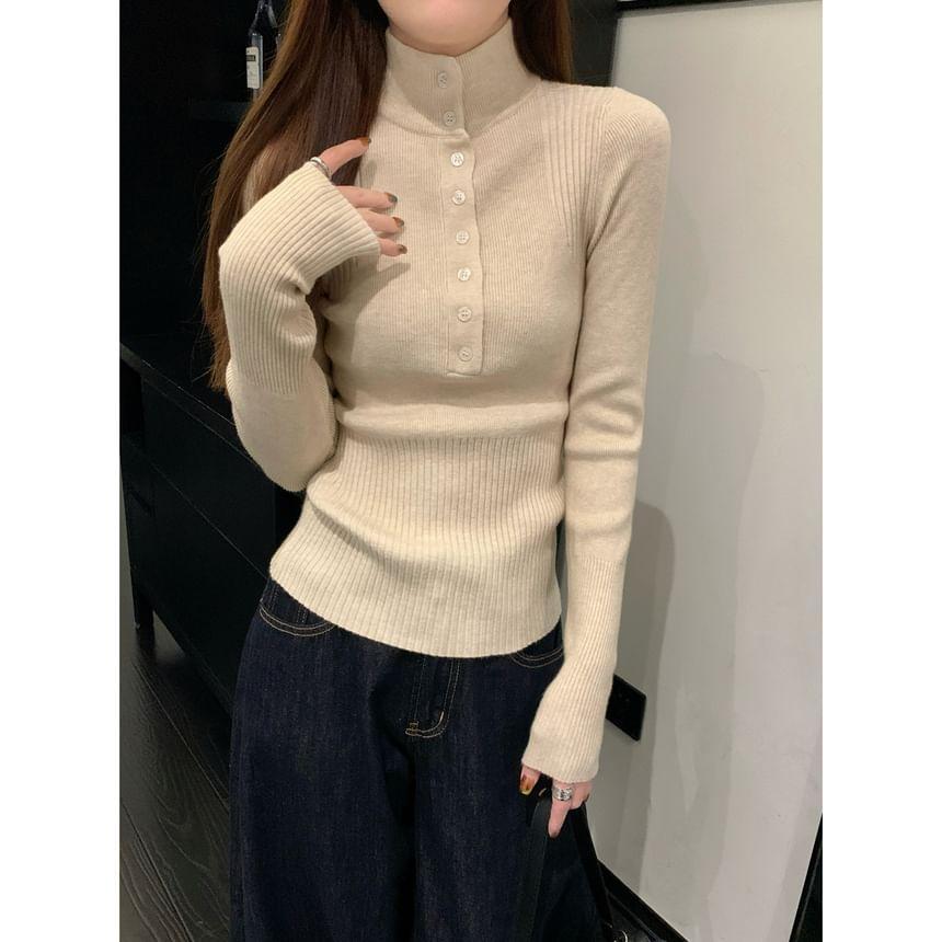 Long Sleeve Plain Ribbed Knit Polo Top Product Image