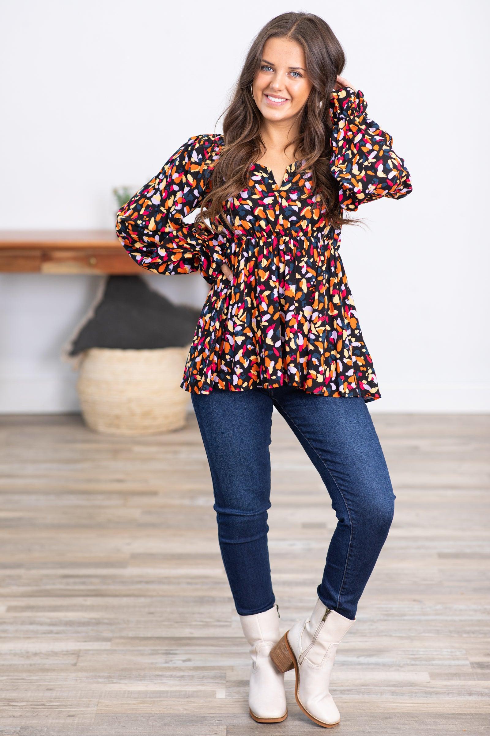 Orange and Black Abstract Balloon Sleeve Top Product Image