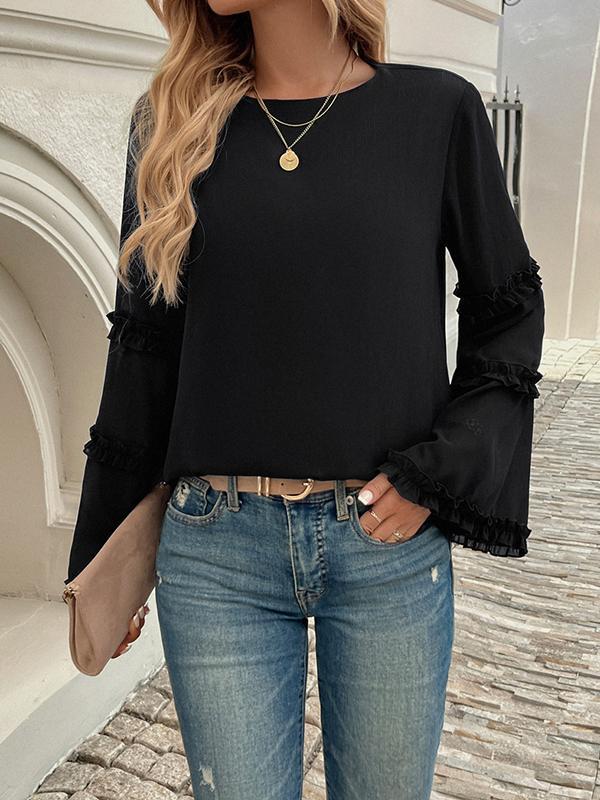 Flared Sleeves Long Sleeves Solid Color Split-Joint Round-Neck T-Shirts Tops Product Image
