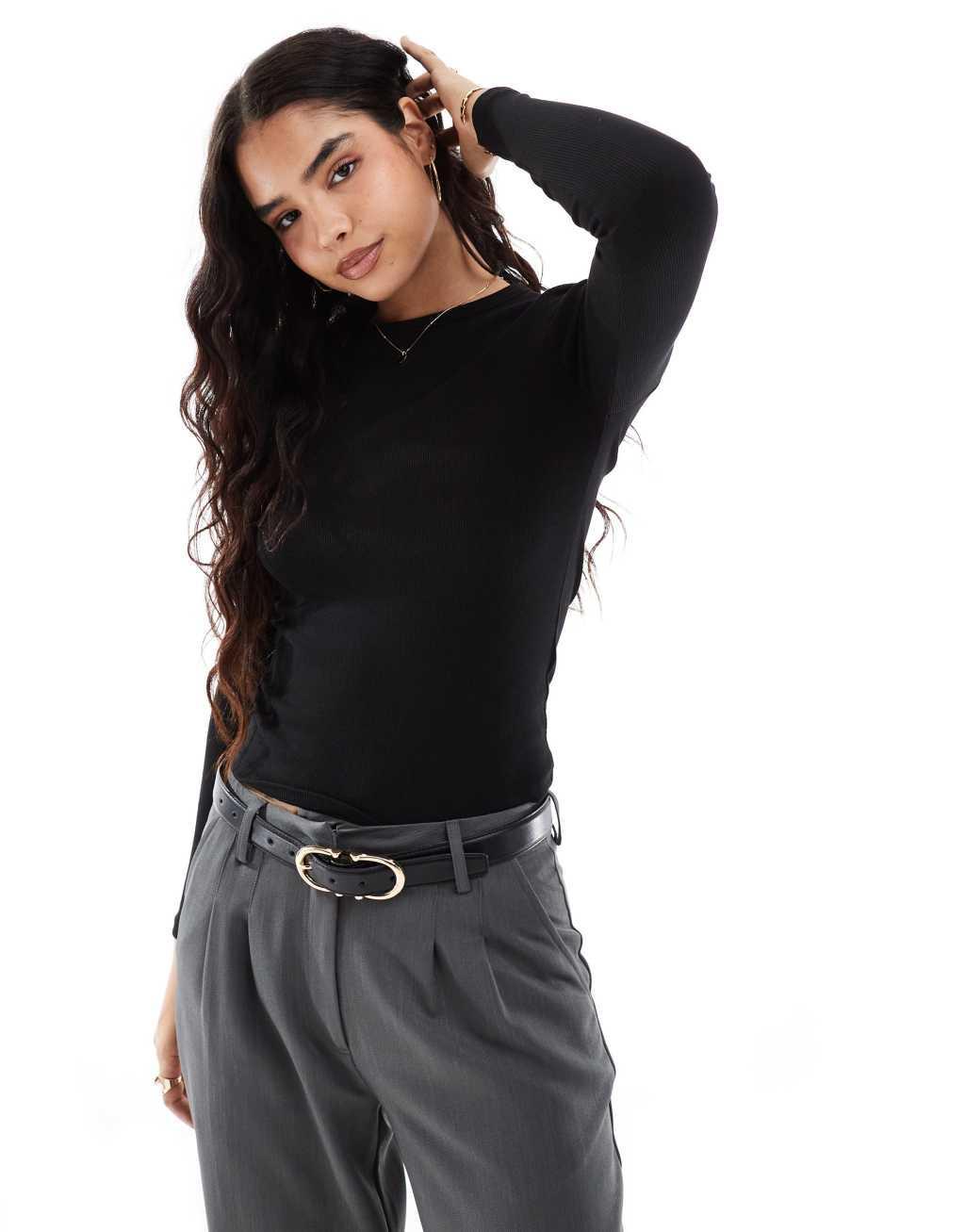 Stradivarius ribbed round neck long sleeve top in black Product Image