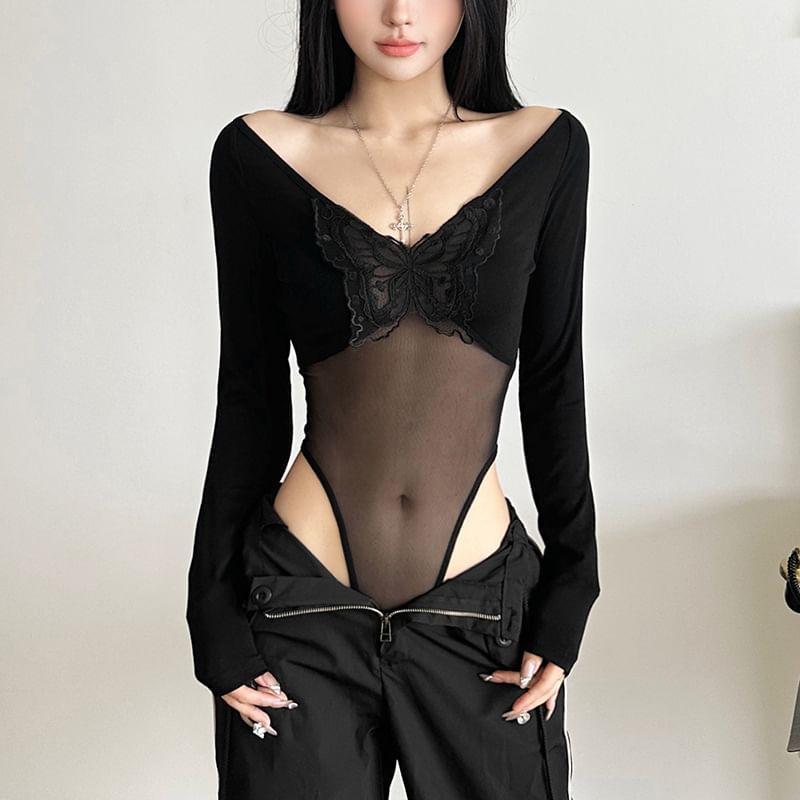 Long Sleeve V-Neck Butterfly Embroidered Plain Mesh Bodysuit Top Product Image