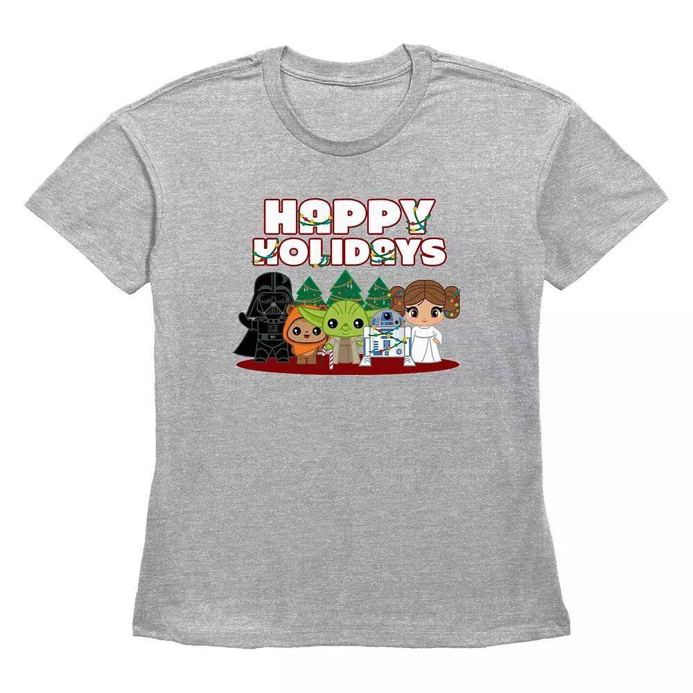 Women's Star Wars Characters Happy Holidays Graphic Tee, Size: Small, Grey Gray Product Image