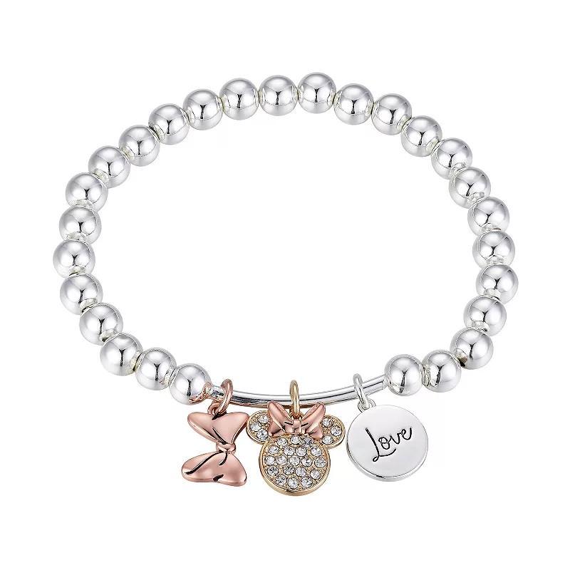 Disneys Minnie Mouse Tri-Tone Crystal Love Multi Charm Stretch Bracelet, Womens Product Image