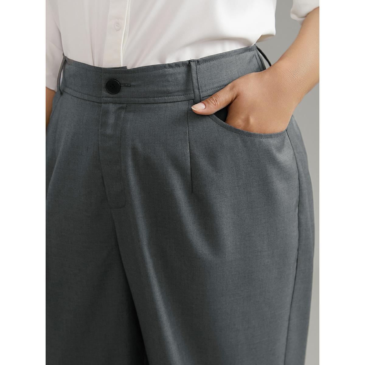 Plus Size Plain Pockec Straight Leg Zipper Fly Pants Women DimGray Office Straight Leg High Rise Office Pants BloomChic 14-16/1X Product Image