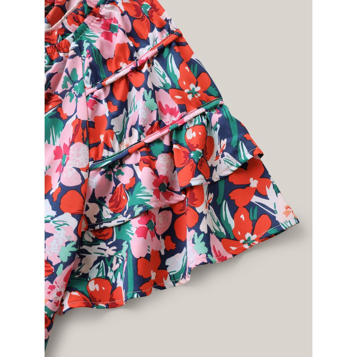 Plus Size Multicolor Groovy Floral Print Ruffled Layered Sleeve Blouse Women Short sleeve Round Neck Everyday-Casual Blouses BloomChic 10/M Product Image