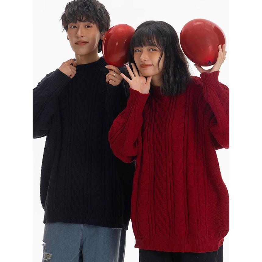 Couple Matching Crew Neck Plain Cable Knit Sweater Product Image