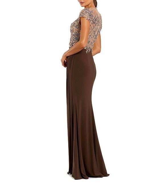 Mac Duggal Jersey Cap Sleeve Crystal Beaded Applique Sheath Gown Product Image